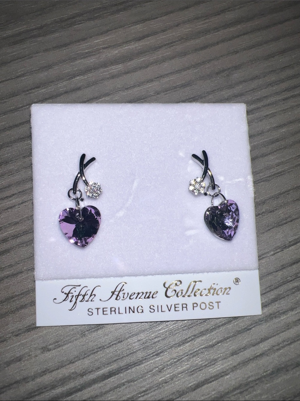 Silver Purple Swarovski Crystal Heart Drop Earrings
